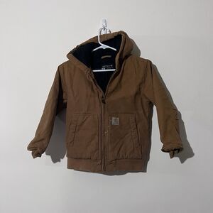 Carhartt Youth S 7/8 Brown Canvas Jacket Coat Quilt Hooded RN13706 Distressed